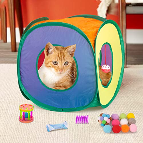 Retro Shaw Cat Toys Set, Interactive Cat Kitten Toys for Indoor Cats Kitty with Collapsible Cat Play Tunnel Tube Tent Cat Feather Wand Teaser Cat Bell Fuzzy Ball Springs Mouse Toys