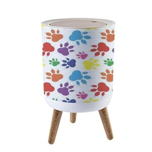 small trash can with lid paw seamless colored silhouettes of paw cats feet dogs footprint garbage bin wood waste bin press cover round wastebasket for bathroom bedroom kitchen 7l/1.8 gallon
