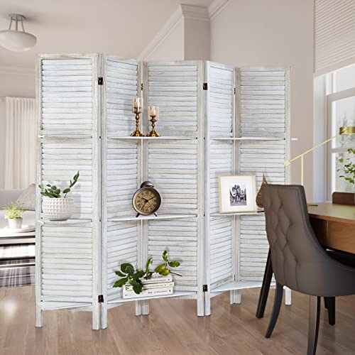 AMBITION LAND Room Divider, Privacy Screen, Room Dividers and Folding Privacy Screens Room Divider Wall Panels Room Divider with Shelves, 5 Panel White