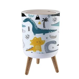 nordic style trash can - childish seamless with hand drawn dino in scandinavian style creative push top trash can with lid - scandinavian modern garbage can - round trash bin w/ legs for kitchen/bathroom/dog proof, 1.8 gallon - 7l