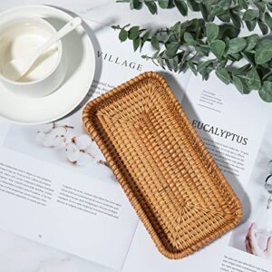 ORYOUGO Wicker Baskets Tray, Rectangle Rattan Serving Tray Hand Woven Bathroom Countertop Small Storage Basket for Coffee Table, Vanity, Toilet Tank