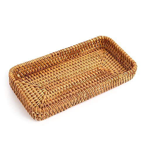 ORYOUGO Wicker Baskets Tray, Rectangle Rattan Serving Tray Hand Woven Bathroom Countertop Small Storage Basket for Coffee Table, Vanity, Toilet Tank