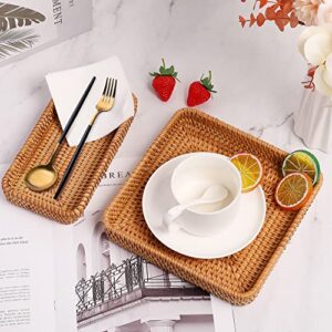 ORYOUGO Wicker Baskets Tray, Rectangle Rattan Serving Tray Hand Woven Bathroom Countertop Small Storage Basket for Coffee Table, Vanity, Toilet Tank