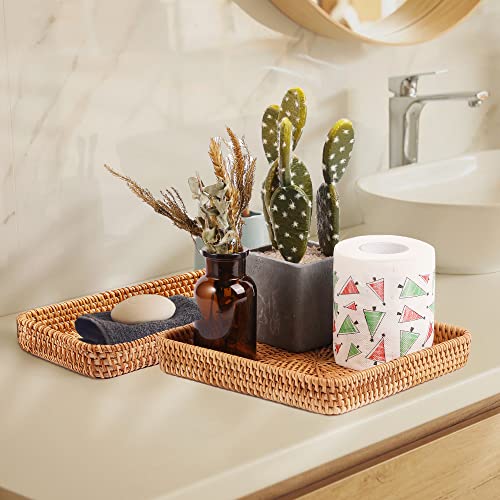 ORYOUGO Wicker Baskets Tray, Rectangle Rattan Serving Tray Hand Woven Bathroom Countertop Small Storage Basket for Coffee Table, Vanity, Toilet Tank