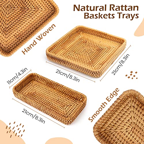 ORYOUGO Wicker Baskets Tray, Rectangle Rattan Serving Tray Hand Woven Bathroom Countertop Small Storage Basket for Coffee Table, Vanity, Toilet Tank