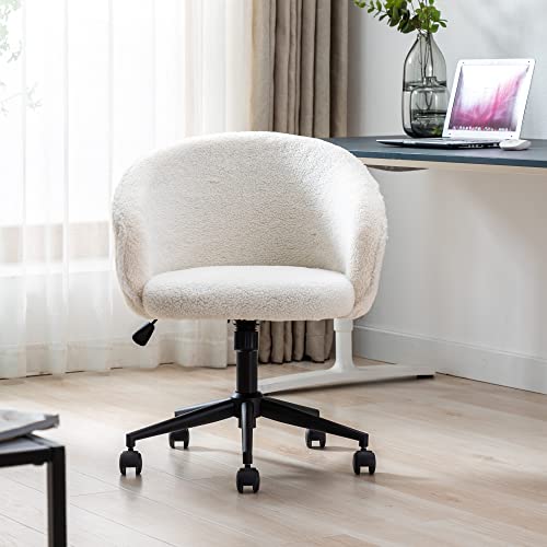 KCC Faux Fur Office Desk Chair, Comfy Fluffy Swivel Modern Leisure Armchair with Wheels, Upholstered Comfy Fuzzy Vanity Makeup Chair Height Adjustable for Teens Women Girls Elegant Home Office