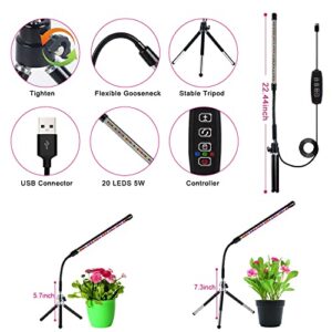 Ldmhlho LED Plant Lights with Small Tripod, Full Spectrum 20 LEDs Grow Lamp with 3H/9H/12H Timing On&Off & 3 Switch Modes and Adjustable Gooseneck for Indoor Plants (No Adapter)