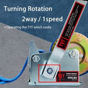 TYT 600LB Boat Trailer Winch with 6M Blue Strap, Gear Ratio 3.2:1 Crank Gear Hand Winch, Portable Two-Way Ratchet Hardened Steel Manual Rope Winch for Towing ATV UTV Jet Ski Trailer Small Winch