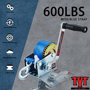 TYT 600LB Boat Trailer Winch with 6M Blue Strap, Gear Ratio 3.2:1 Crank Gear Hand Winch, Portable Two-Way Ratchet Hardened Steel Manual Rope Winch for Towing ATV UTV Jet Ski Trailer Small Winch