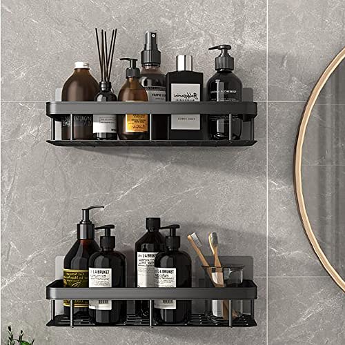 ATNKYOU Bathroom Shelf Adhesive Floating Shelf Aluminum Shower Caddy Rustproof Storage Organizer Rack Wall Mount No Drilling for Bathroom Kitchen Toilet Living Room,Black