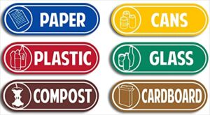 6pcs recycling signs sticker card paper glass plastic cans compost 185mm(wide)