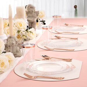 Nervure 350PCS Rose Gold Plastic Plates - Clear Rose Gold Disposable Plates for 50Guests - 50Dinner Plates, 50Dessert Plates, 150Rose Gold Silverware, 50Cups, 50Rolled Napkins for Wedding & Party