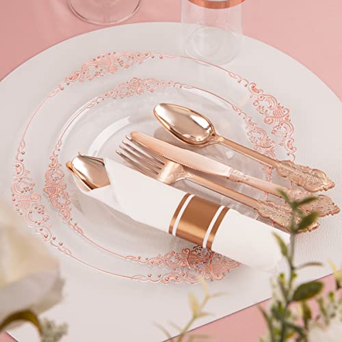 Nervure 350PCS Rose Gold Plastic Plates - Clear Rose Gold Disposable Plates for 50Guests - 50Dinner Plates, 50Dessert Plates, 150Rose Gold Silverware, 50Cups, 50Rolled Napkins for Wedding & Party