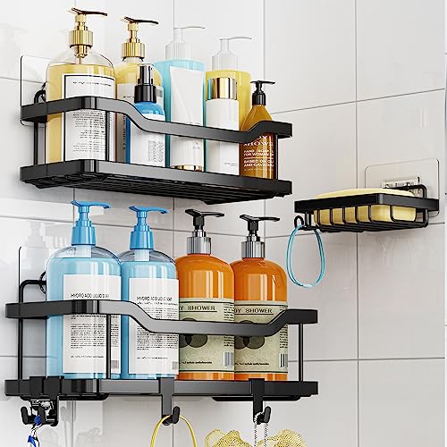 OMAIRA Shower Caddy/Organizer Adhesive Shower Shelf, Rustproof No Drilling SUS304 Stainless Steel for Kitchen Bathroom Shower Storage, Black, 3 Pack