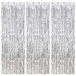 fyy (3 pack 3.3 ft x 6.6 ft metallic tinsel foil fringe curtains party decorations, silver birthday backdrop curtains for party wedding holiday engagement bridal shower baby shower bachelorette