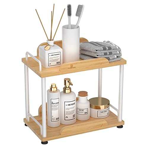 Bamboo 2 Tier Bathroom Countertop Organizer,Vanity Sink Counter Corner Storage Shelf,Kitchen Spice Standing Rack