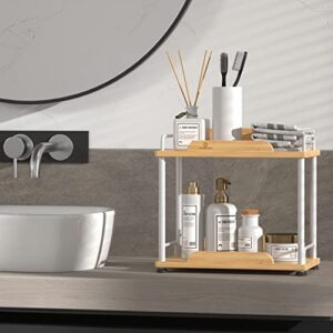 Bamboo 2 Tier Bathroom Countertop Organizer,Vanity Sink Counter Corner Storage Shelf,Kitchen Spice Standing Rack