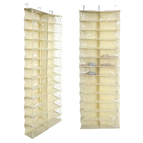 Yuecoom Hanging Shoe Organizer Over Door, 26 Large Pocket Shoe Rack Closet Shoes Hanger Non-Woven Transparent Storage Bag(Beige)