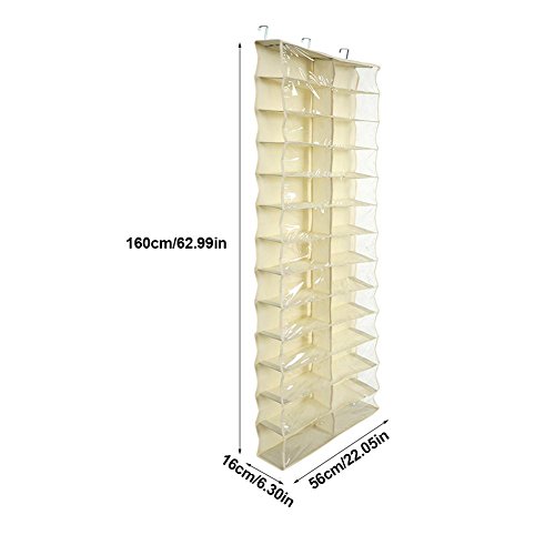 Yuecoom Hanging Shoe Organizer Over Door, 26 Large Pocket Shoe Rack Closet Shoes Hanger Non-Woven Transparent Storage Bag(Beige)