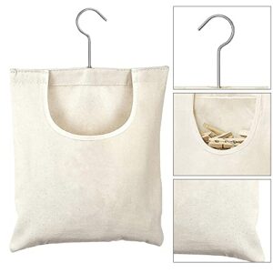 Clothespin Hanging Bag Storage Organizer, Laundry Clothes Pin Holder with Hanging Hook Large Opening Storage Bag with 360° Rotating Hook for Bathroom, Balcony (Beige, 31.75cm * 26.67cm)