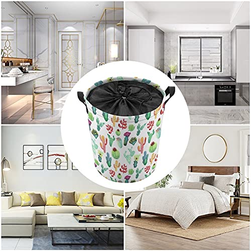 Nudquio Watercolor Cactus Seamless Pattern Laundry Basket with Drawstring Closure Lid and Handles Storage Hamper for Bedroom Office