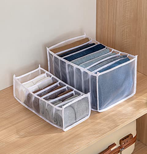 MBVBN Drawer Organizers for Clothing Wardrobe Clothes Organizer, 7 Grids Jeans Compartment Storage Box Foldable Closet Organizer Mesh Separation (White, Medium+Large)