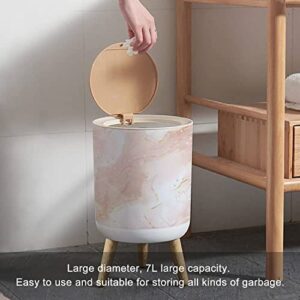 Trash Can with Lid Abstract Dusty Rose Blush Liquid Watercolor with Gold dots and Lines Press Cover Small Garbage Bin Round with Wooden Legs Waste Basket for Bathroom Kitchen Bedroom 7L/1.8 Gallon