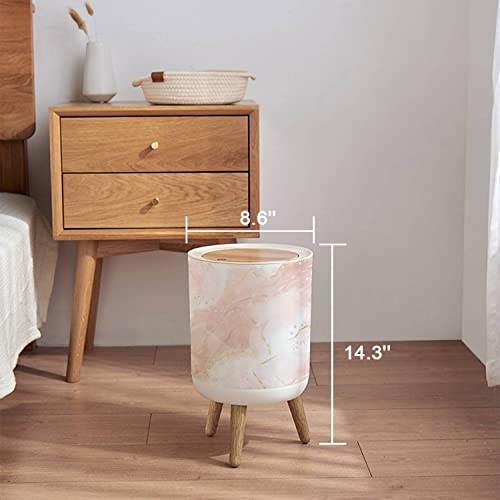 Trash Can with Lid Abstract Dusty Rose Blush Liquid Watercolor with Gold dots and Lines Press Cover Small Garbage Bin Round with Wooden Legs Waste Basket for Bathroom Kitchen Bedroom 7L/1.8 Gallon