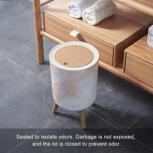 Trash Can with Lid Abstract Dusty Rose Blush Liquid Watercolor with Gold dots and Lines Press Cover Small Garbage Bin Round with Wooden Legs Waste Basket for Bathroom Kitchen Bedroom 7L/1.8 Gallon