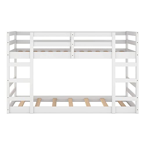 Harper & Bright Designs Twin Over Twin Bunk Bed for Kids, Low Bunk Bed with Ladder and Safety Guard Rails, Solid Wood Bunk Bed Frame. No Box Spring Needed (White)