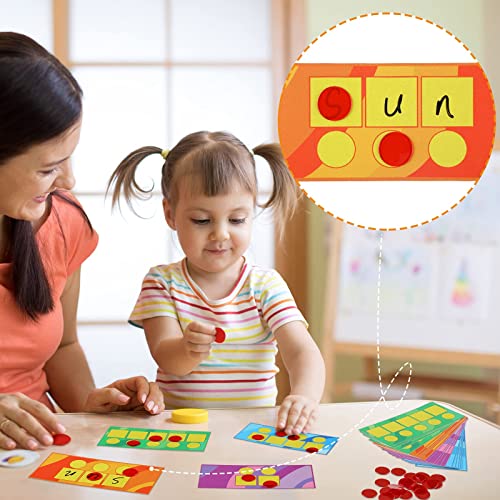 hwojjha Sound Box Mats and Chips 24 Pcs Dry Erase Mats and 84 Pcs Chips Phonemic Awareness Phonics Games Reading Games Sound Box Mats and Chips (Bright Style,Cardboard)