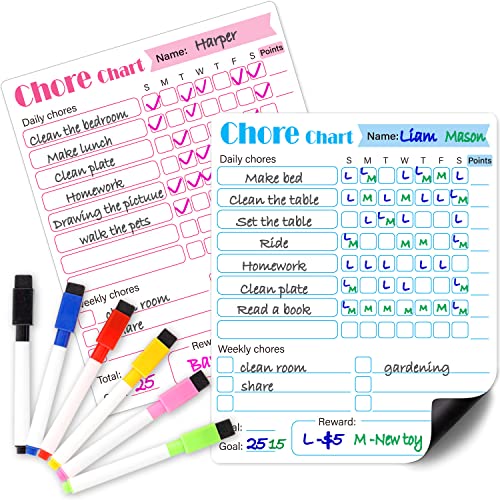 LOCATAL Magnetic Chore Chart, 2 Pcs Dry Erase Behavior Charts & 6 Markers, Reward Chart for Multiple Kids Teens Adults Family, Daily Responsibility Rewards Whiteboard for Fridge School Home Supplies