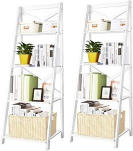 luarane modern 4-tier ladder shelf, wooden bookshelf with x-shaped frame, free standing bookcase with 4 open storage shelves, organizer shelf for living room kitchen office (2, white)