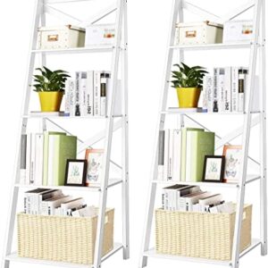 LUARANE Modern 4-Tier Ladder Shelf, Wooden Bookshelf with X-Shaped Frame, Free Standing Bookcase with 4 Open Storage Shelves, Organizer Shelf for Living Room Kitchen Office (2, White)