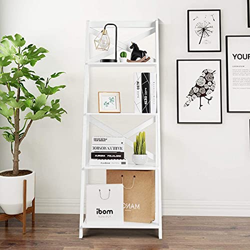 LUARANE Modern 4-Tier Ladder Shelf, Wooden Bookshelf with X-Shaped Frame, Free Standing Bookcase with 4 Open Storage Shelves, Organizer Shelf for Living Room Kitchen Office (2, White)