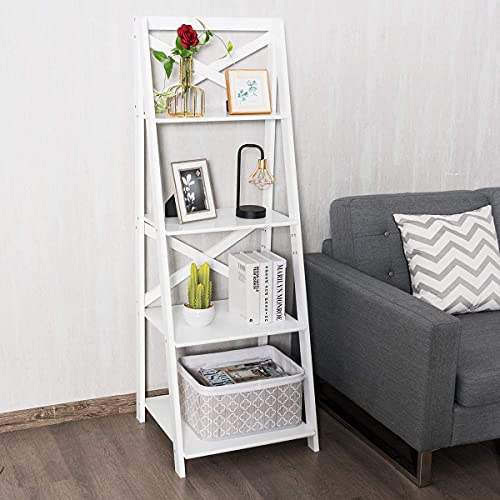 LUARANE Modern 4-Tier Ladder Shelf, Wooden Bookshelf with X-Shaped Frame, Free Standing Bookcase with 4 Open Storage Shelves, Organizer Shelf for Living Room Kitchen Office (2, White)