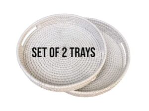 simply fabulous white round rattan tray, set of 2 serving trays with handles, 13 & 11 inch