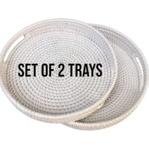 SIMPLY FABULOUS White Round Rattan Tray, Set of 2 Serving Trays with Handles, 13 & 11 inch