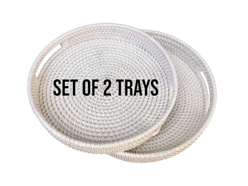 SIMPLY FABULOUS White Round Rattan Tray, Set of 2 Serving Trays with Handles, 13 & 11 inch