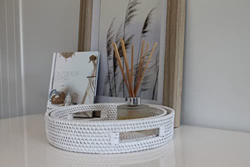 SIMPLY FABULOUS White Round Rattan Tray, Set of 2 Serving Trays with Handles, 13 & 11 inch