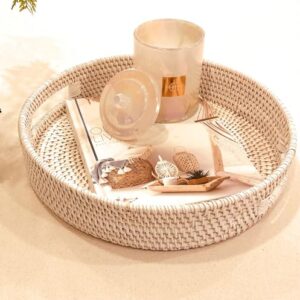 SIMPLY FABULOUS White Round Rattan Tray, Set of 2 Serving Trays with Handles, 13 & 11 inch