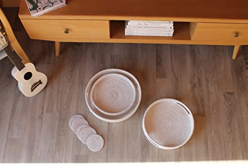 SIMPLY FABULOUS White Round Rattan Tray, Set of 2 Serving Trays with Handles, 13 & 11 inch