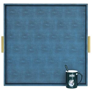 hofferruffer extra large square serving tray, elegant faux leather ottoman tray with gold hardware handles, serve tea, coffee or breakfast in bed, 24 x 24 inches (navy blue shagreen)