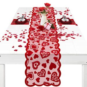 nialnant valentines day table runner, red heart lace table runner for party home wedding holiday anniversary, valentines day decorations - 13 x 72 inch