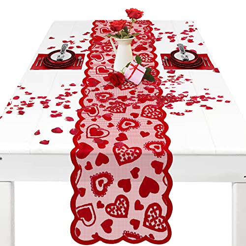 Nialnant Valentines Day Table Runner, Red Heart Lace Table Runner for Party Home Wedding Holiday Anniversary, Valentines Day Decorations - 13 x 72 Inch