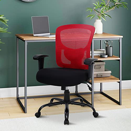 Big and Tall Office Chair 400lbs Wide Seat Ergonomic Desk Chair for Heavy People, Mesh Computer Chair with Lumbar Support, Adjustable Armrests Rolling Swivel Task Chair for Women, Red