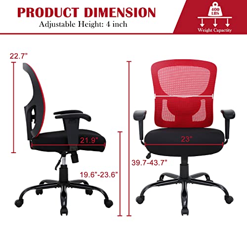 Big and Tall Office Chair 400lbs Wide Seat Ergonomic Desk Chair for Heavy People, Mesh Computer Chair with Lumbar Support, Adjustable Armrests Rolling Swivel Task Chair for Women, Red