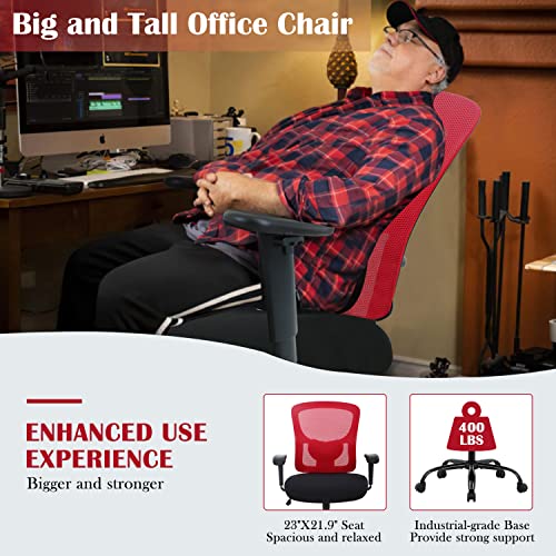 Big and Tall Office Chair 400lbs Wide Seat Ergonomic Desk Chair for Heavy People, Mesh Computer Chair with Lumbar Support, Adjustable Armrests Rolling Swivel Task Chair for Women, Red