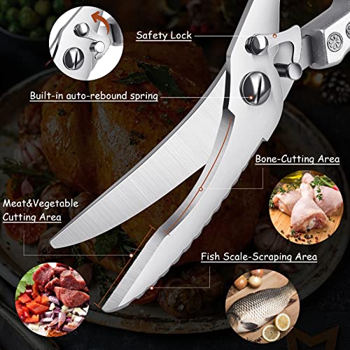 FUSIONKEI Poultry Shears Heavy Duty Kitchen Shears Multipurpose Kitchen Scissors Stainless Steel Cutlery Shears For Chicken Meat Turkey Fish Vegetables Herbs With Protective Sheath Gift Box