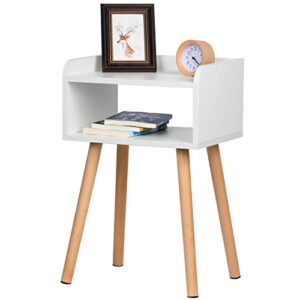 LUCKNOCK Nightstand, Mid-Century Modern Bedside Table with Solid Wood Legs, Adorable and Practical End Side Table with Open Storage Shelf, Fashion Bedroom Furniture White.